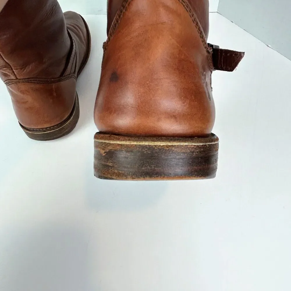 Frye Shirley Pull Riding Boots Full Leather Knee High Buckles Cognac Brown 6.5